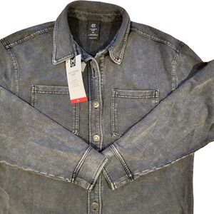 Members Mark Knit Denim Shirt‎ Jacket Black Acid Wash Long Sleeve Pockets XS